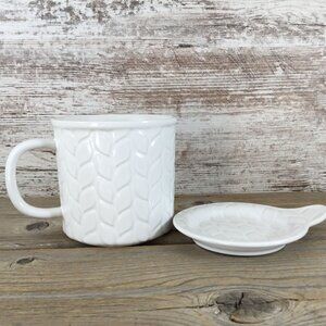 Temp-Tations By Tara Carved Willow 24 Oz Ceramic Soup Mug With Lid In White NEW